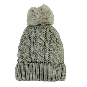 Gray Cable Knit Pom Pom Winter Hat Fleece Lined